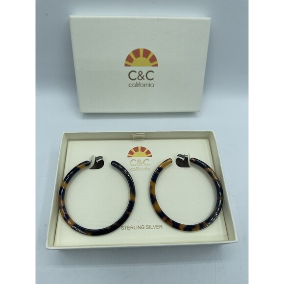 C & C California Sterling Silver Faux Tortoise Hoop Earrings, Black and Brown - Picture 1 of 4